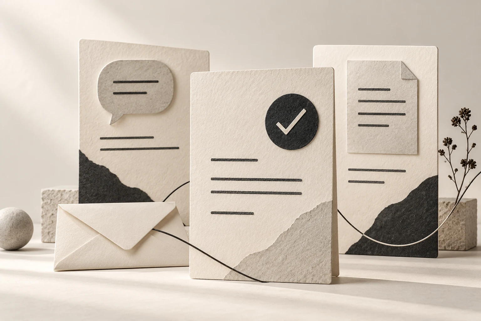 Paper-collage illustration of torn scraps becoming organized pages beside a laptop and a notebook