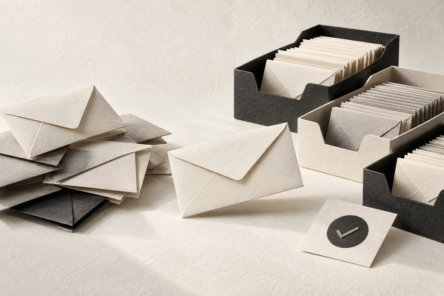 Paper-collage illustration of stacked envelopes, sorting boxes and a card with a check mark