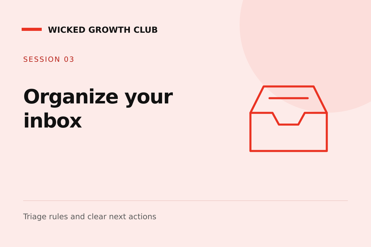 Session 3 graphic: Organize your inbox. Triage rules and clear next actions.