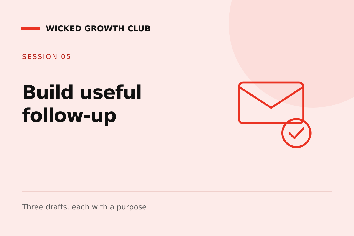 Session 5 graphic: Build useful follow-up. Three drafts, each with a purpose.