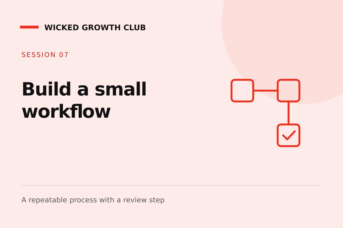 Session 7 graphic: Build a small workflow. A repeatable process with a review step.