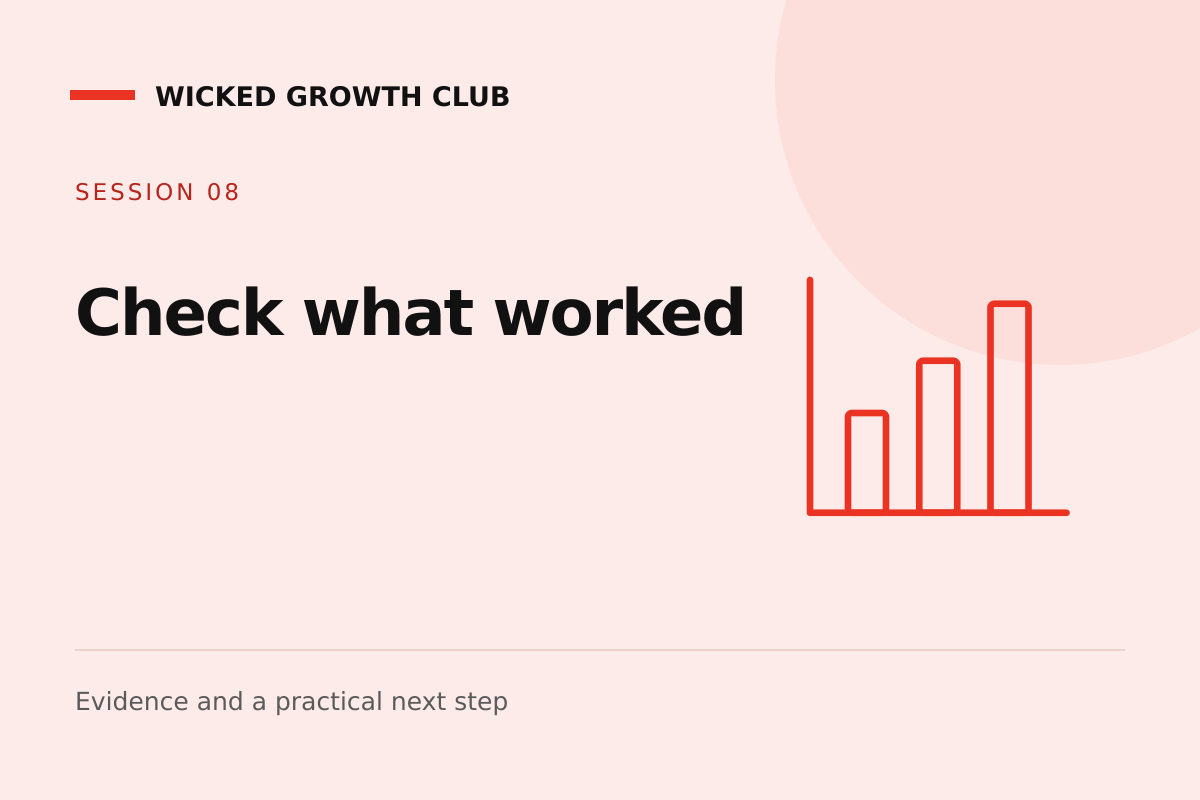 Session 8 graphic: Check what worked. Evidence and a practical next step.