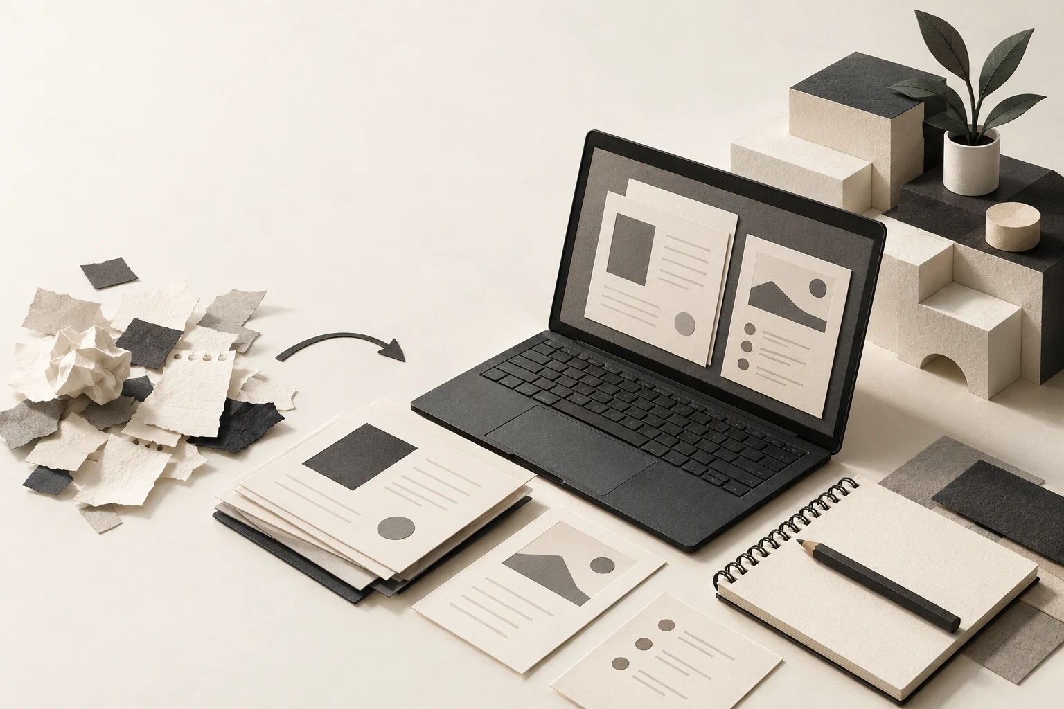 Paper-collage illustration of three tall cards with a speech bubble, a check mark and a document icon, joined by a thin line, with an envelope in front
