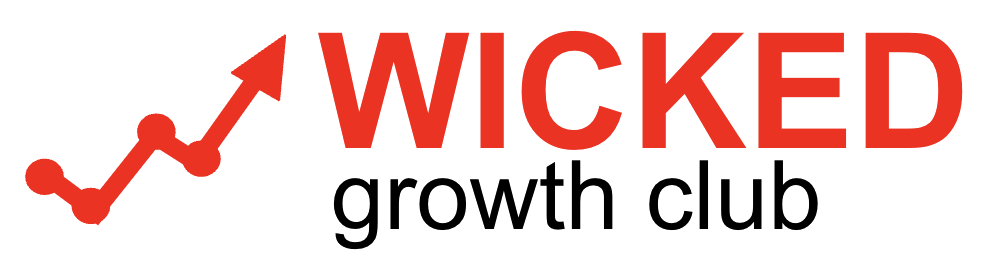 Wicked Growth Club logo: WICKED in red capital letters with a rising red arrow, and growth club in black below