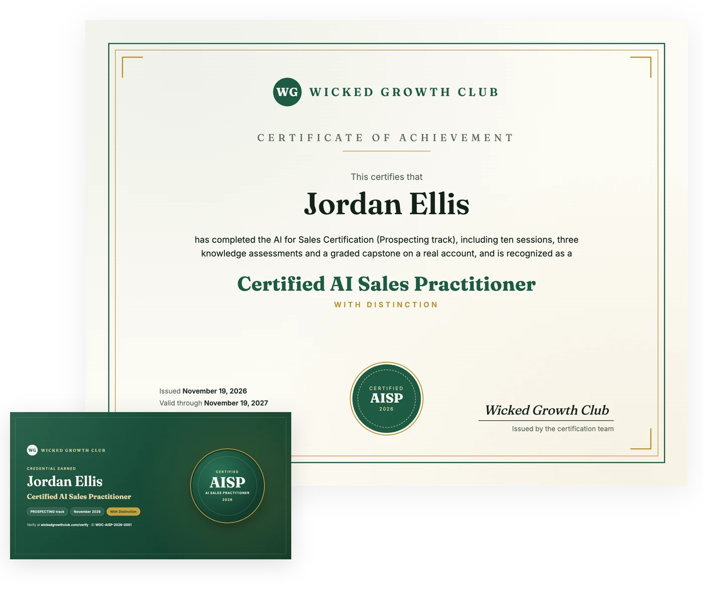Sample Certified AI Sales Practitioner certificate and shareable badge