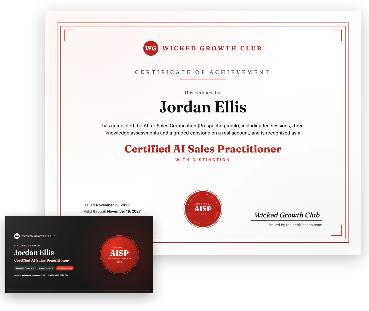 Sample Certified AI Sales Practitioner certificate and shareable badge